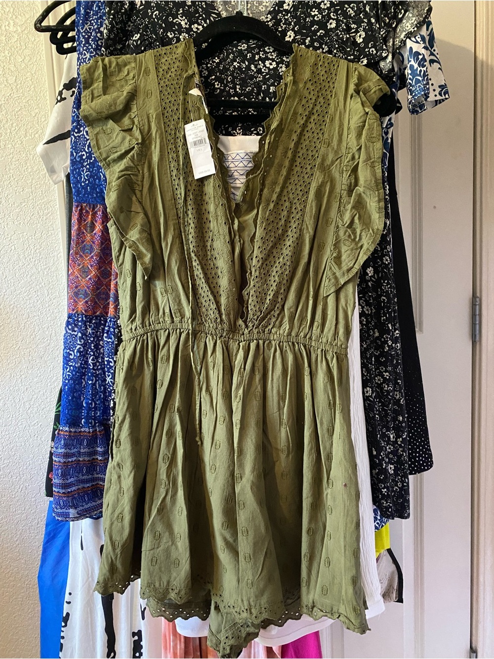 American Eagle Olive Green Eyelet Romper with V-Neck